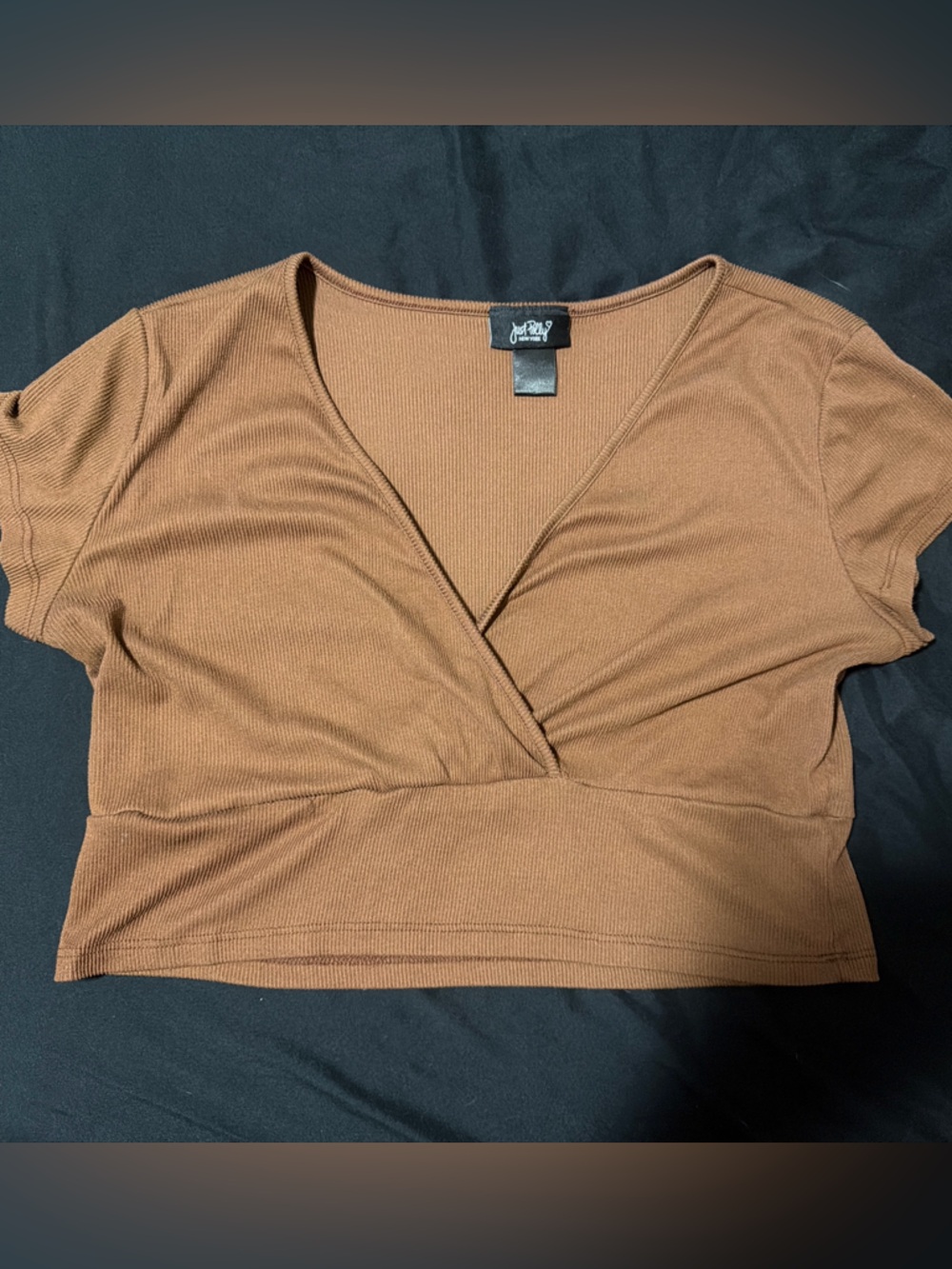 Brown Ribbed V-Neck Crop Top
